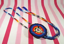 Lovely 1970's Authentic Native American Seed Bead Bull Skull Medallion Bolo Tie