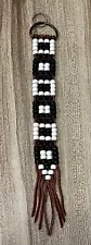 Native American Indian Beaded Keychain Black & White w/ Leather Tassels ~Vintage