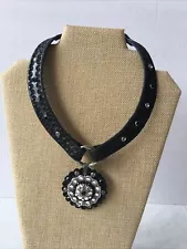 Black Wide Leather Stud Rhinestones Medallion Pendant Statement Necklace Choker