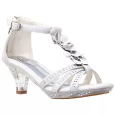 Kids Dress Sandals T-Strap Flower Glitter Rhinestone Clear High Heels White SZ 2