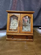 Antique Tabletop Jewelry Armoire w/ Etched Glass Doors Jewelry Box