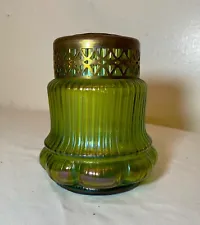 antique hand blown Bohemian Loetz bronze mounted green glass potpourri jar vase