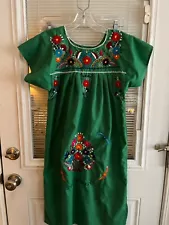 Mexican Dress Fiesta Peasant Style Colorful Floral Embroidery HANDMADE Green Sm