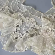 Antique RUFFLED Embr Net LACE 24" Collar Hand Embroidered Appliques ROSES Birds