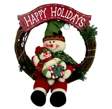 Snowmen Christmas Wreath 14" Happy Holidays With Baby Rustic Decor Plush Wood