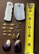 Agate Blue Lace & Purple Amethyst Stones & Gold Mounts - Estate Sale No Mark