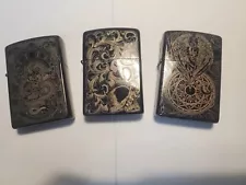 High Quality Brass "3 ETCHED" Lighters Butane Gold Dragon Etched On Black