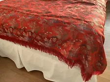 Vintage 1970s Chinese Red Silk Bed Spread Brocade Double-Sided Large Tapestry