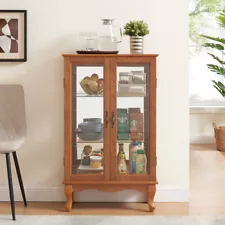 2-Door Oak Curio Cabinet w/ Glass, Mirrored Back, Adjustable Shelves&Light Bulb