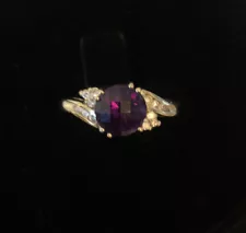 14k Yellow Gold & 12 Diamond amethyst ring Marked EMA Size 8.75 Estate Sale