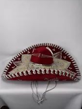 Youth Belri Mexican Made Mariachi Sombrero Red About 20”x15”x7” In 73/8”x63/8”