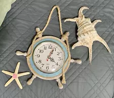 Ships Wheel Clock Distressed 9" Battery Operate Beach Nautical Shabby Chic Decor