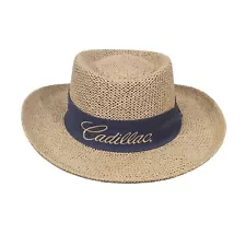 VTG CADILLAC STRAW PANAMA HAT COATED WICKER BLUE GOLD EMBROIDERED GOLF CAR SALES