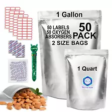 50 Pcs Mylar Bags for Food Storage With Oxygen Absorbers Resealable 9 Mil