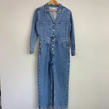 Zara Denim Jumpsuit Women Size Large Blue Long Sleeve Button Up