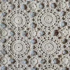 VTG Crocheted Dining Tablecloth Beige Rosette Floral Scalloped Trim Cotton 50x92