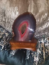 Natural Beautiful Large Geode From Brazil Healing Crystal On Wooden Platform