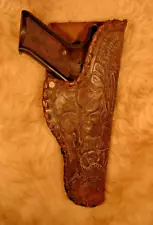 RARE VINTAGE FLORAL CARVED LACED LEATHER HOLSTER FOR COLT WOODSMAN 4 1/2" BARREL