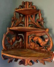 Black Forest Wood Corner Shelf Antique German Foxes Foldable Hand-Carved 3-Tiers