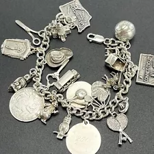 Vintage Sterling Silver 22 Charm Bracelet 1950s Women's Sports Animals Travel 8"