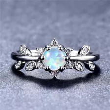 Fashion Silver Round Cut White Simulated Opal Ring Couple's Day Gift Size6