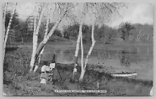 New ListingMinneapolis-St Paul MN Artist w/Palette & Easel Paints Birch Trees & River~c1910