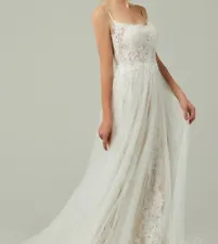 A Line Lace Wedding Dresses Bead Appliques Straps Sweep Train Boho Bridal Gowns