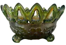 Antique Northwood Carnival Glass Bowl Wild Rose Green Lattice & Copper Footed