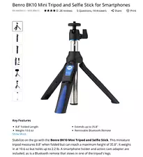 Benro BK10 Mini Tripod and Selfie Stick for Smartphones iPhone 15 Pro Max camera