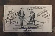 Old Trade Card, Gibbs Imperial Plows, Canton Ohio, Shoop & Boozer Center Hall Pa