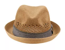 Men's Summer Linen / Cotton Derby Fedora Brim Hat w Fabric Stripe Band