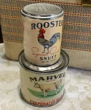 Antique Advertising Tin, Rooster Superior Quality Snuff & Marvel Evaporated Milk