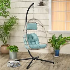 Indoor Outdoor Egg Hanging Chair with Stand and Weather Cover, Foldable Wicke...