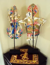 3PCS VTG ASIAN LEATHER SHADOW PUPPETS & CLOTH Bali Indonesia Wayang Golek w/BASE