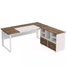 Capen 63 in. L Shaped Oak Karo & White Wood Executive Desk with Mobile Storage D