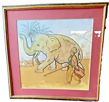 SALE Coclman 1922 Signed Original Painting Elephant with Mahout Framed & Mat