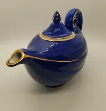 Vintage Hall Aladdin 6 cup #0676 Teapot & Lid Glossy Blue & Gold Trim U.S.A.