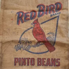 Vintage 100# Burlap sack RED BIRD PINTO BEANS, Eaton CO, Central Bag Co (rb2)