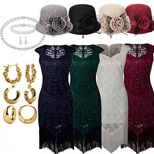 Women's 1920s Lace Beaded Gatsby Flapper Fringe Cocktail Party Dress Tea Length