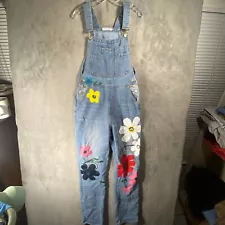 Misslook Womens Distressed Denim Bib Overalls Size Medium Painted Flowers