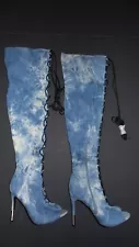 SHOEDAZZLE Blue Acid Wash Denim Thigh High Lace Up Open Toe Stiletto Heel Boots