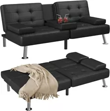 Modern Faux Leather Convertible Futon With Cup Holders & Pillows