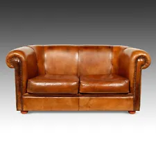 ANTIQUED DUTCH LEATHER LIBRARY CIGAR CLUB LOUNGE ARM CHAIR SOFA LOVESEAT 20TH C.