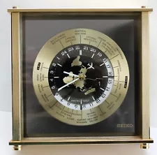 SEIKO World Time Zone Quartz Desk Clock w Airplane Second Hand 8.5 x 8.5 x 3.25