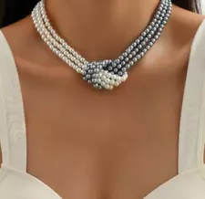 Grey and White Pearl Choker Necklace Tie Knot Three Layered Twisted Bib Collar