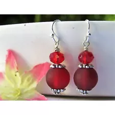 Red Sea Glass Silver Dangle Earrings-Beach Dangles-Gift For Beach Lover-Handmade