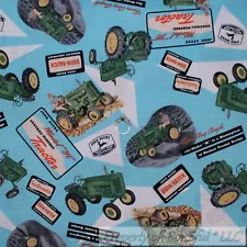 BonEful FABRIC FQ Cotton Quilt Blue Green JD Famous Tractor Logo Farm Boy Scout