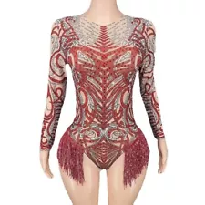 RhinestonesFringes Dance Leotard Mesh Perspective Tassel Bodysuit Singer Dancer