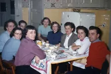 35mm Slide1950s Red Border Kodachrome Young Men and Women at Kitchen Table Tea