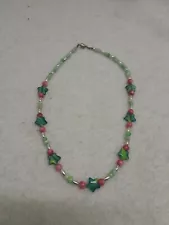 Retro Y2K 90's Raver Kandi Necklace Glass Neon Green Stars Pink Magnetic Clasp